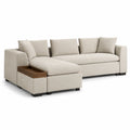 Sofá Seccional en L de Tela Beige con Chaise Longue y Bandeja de Madera