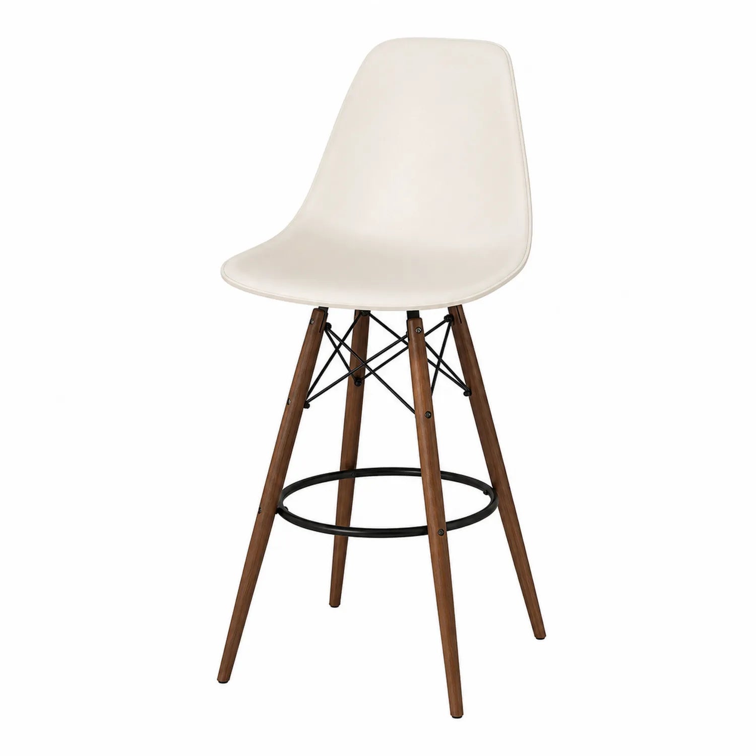 Taburete de polipropileno blanco con patas de madera