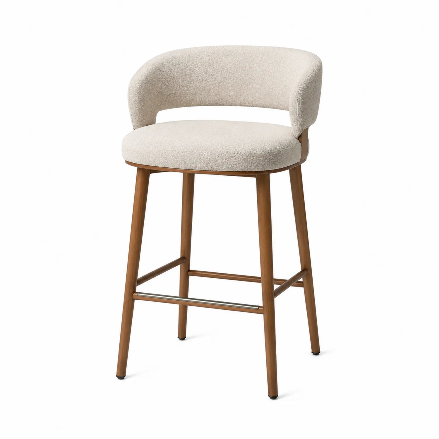 Taburete de bar tapizado de poliéster beige con estructura de madera
