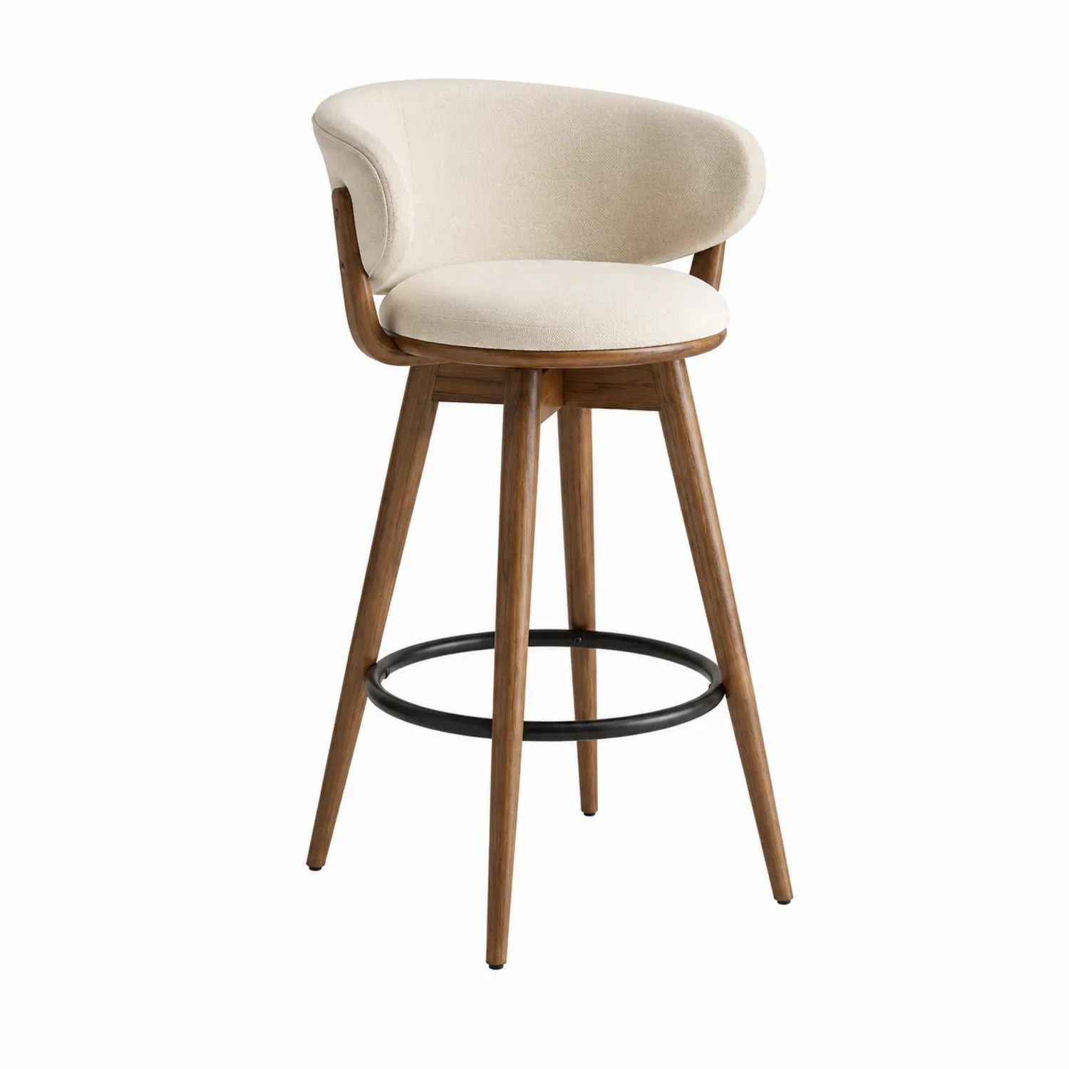 Taburete de bar con asiento giratorio de madera y tela crema