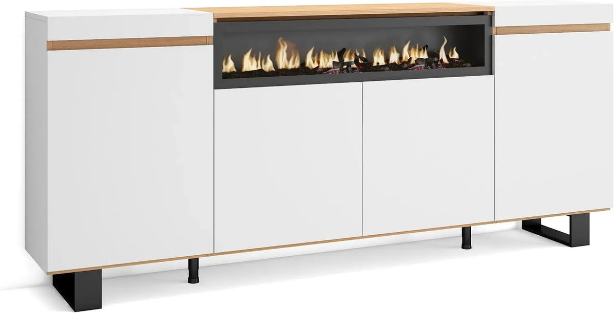 Cheminée électrique, Skraut Home, pour Buffet Salon et Cuisine, 200x87x35cm, 4 Portes, Meuble de Rangement, Commode