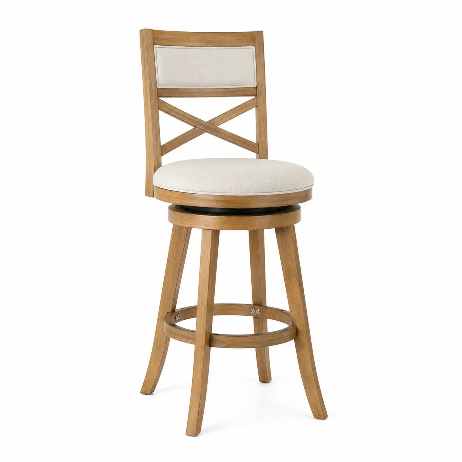 Taburete de madera con asiento giratorio de tela beige