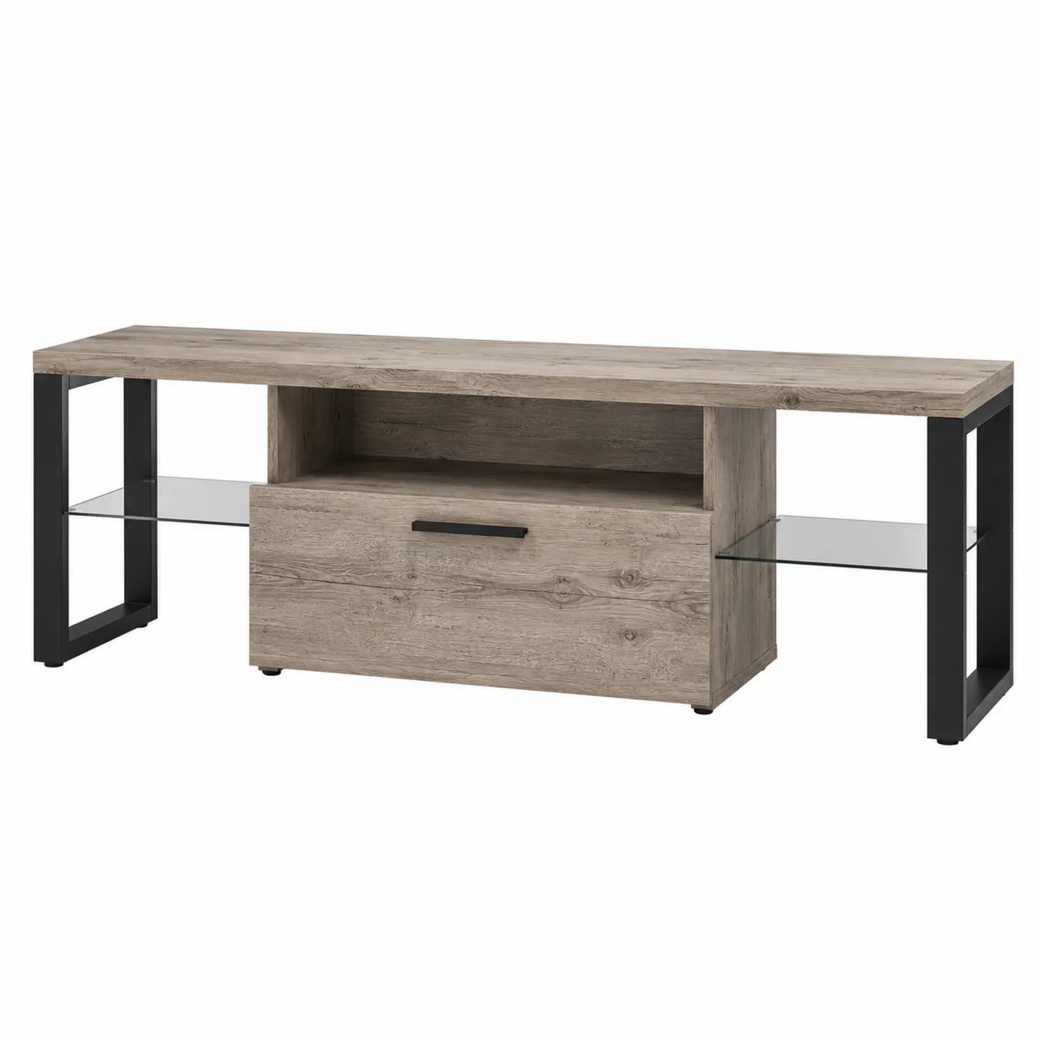 Mueble para TV de madera aglomerada roble con estantes de vidrio y estructura metálica negra