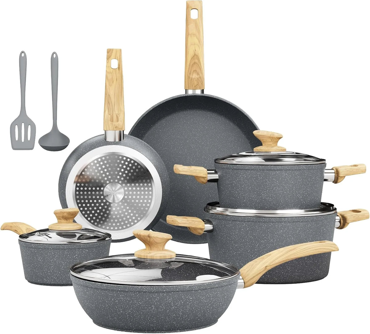 Ustensile de cuisson, ustensile de cuisine, Casserole, Kitchen Academy 12 Pièces Lot Poêle et Casserole Batterie Induction Grises